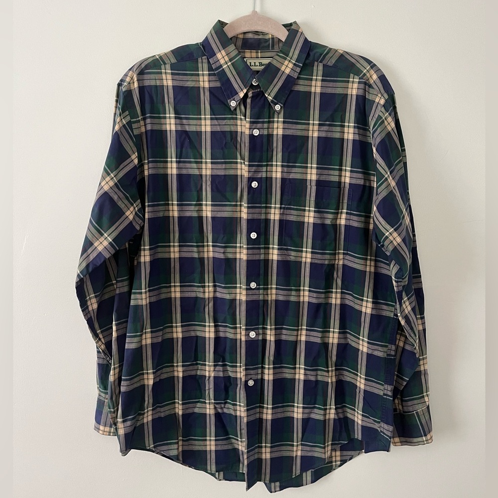 L.L. Bean Green and Blue Casual Button Down Shirt